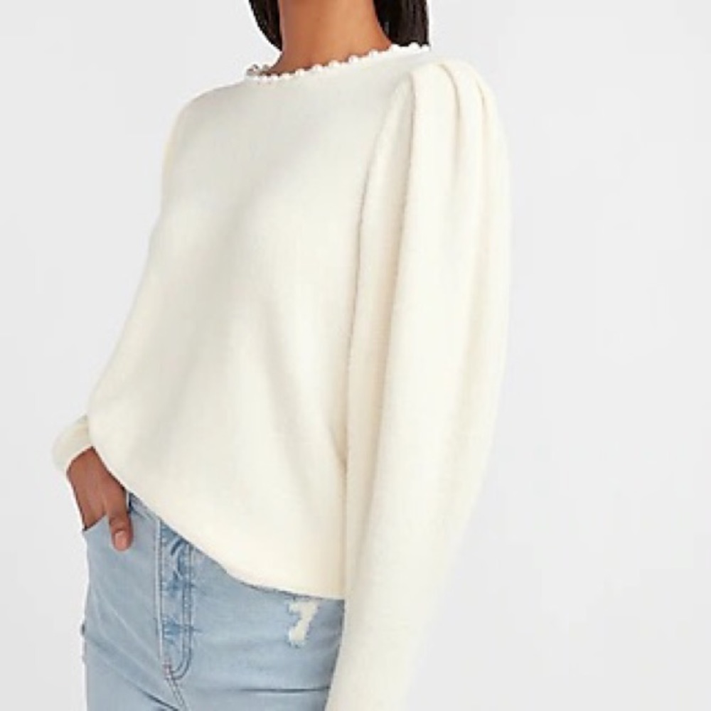 Express Beautiful & Classy Pearl Trim Crew Neck Sweater- Swan Color SZ L